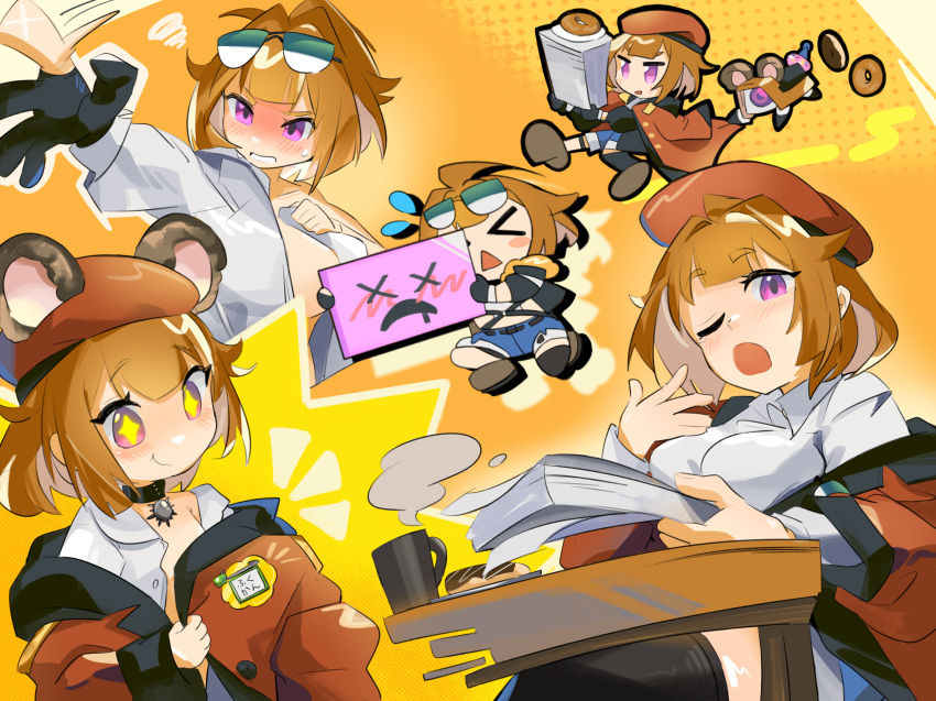 &gt;_&lt; +_+ 2girls beret black_gloves black_thighhighs blush breasts censored chesed_(uporyz) chibi closed_mouth coat coffee_mug commission cup dinergate_(girls'_frontline) doughnut dressing eyewear_on_head food girls'_frontline gloves grizzly_mkv_(girls'_frontline) grizzly_mkv_(teddy_transform!)_(girls'_frontline) hair_intakes hat highres large_breasts long_sleeves looking_at_viewer medium_hair mug multiple_girls off_shoulder one_eye_closed open_clothes open_mouth open_shirt paper_stack purple_eyes red_beret red_coat shirt skeb_commission small_breasts smile sweatdrop thighhighs white_shirt