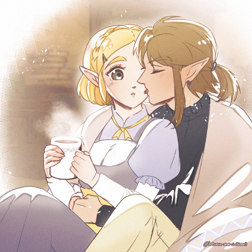 1boy 1girl black_sweater blonde_hair braid brown_hair closed_eyes crown_braid cup dress earrings green_eyes grey_dress highres holding holding_cup hug jewelry licking licking_another's_face link parted_lips pointy_ears princess_zelda shared_blanket shirt shirt_under_dress short_hair short_ponytail sidelocks sweater the_legend_of_zelda the_legend_of_zelda:_tears_of_the_kingdom white_shirt wildstar69