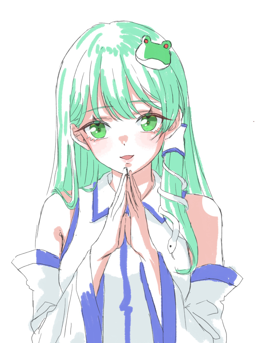 0002koko 1girl absurdres bare_shoulders blush collared_shirt commentary_request detached_sleeves eyelashes frog_hair_ornament green_eyes green_hair hair_between_eyes hair_ornament hair_over_shoulder hands_up highres kochiya_sanae lips long_hair long_sleeves looking_at_viewer nontraditional_miko open_mouth own_hands_clasped own_hands_together shirt sidelocks simple_background sleeveless sleeveless_shirt smile snake_hair_ornament solo straight-on straight_hair touhou tsurime upper_body white_background white_shirt wide_sleeves