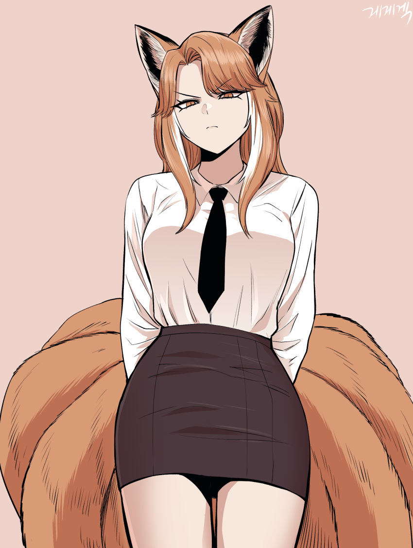 1girl absurdres animal_ears arms_behind_back black_necktie collared_shirt fox_ears fox_girl fox_tail gegegekman highres kitsune kyuubi long_hair looking_at_viewer multicolored_hair multiple_tails necktie orange_eyes orange_hair original parted_bangs pink_background school_uniform shirt signature skirt solo streaked_hair tail v-shaped_eyebrows white_shirt