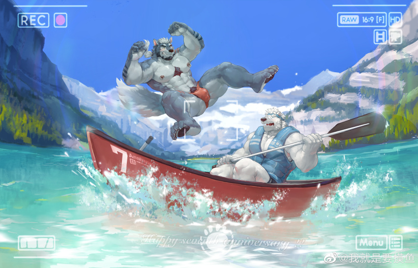 2boys absurdres bandaid bandaid_on_face bandaid_on_nose bara bear_boy beard ben_(rollingstonex6) blush borrowed_character bulge chest_tuft day facial_hair full_beard full_body furry furry_male grey_fur highres holding holding_oar holding_paddle jumping large_pectorals looking_to_the_side male_focus male_swimwear mature_male mowang_yu multiple_boys muscular muscular_male nipple_piercing nipple_rings oar ocean original paddle pectoral_cleavage pectorals piercing short_hair sitting sweatdrop swim_briefs thick_eyebrows viewfinder white_hair worried