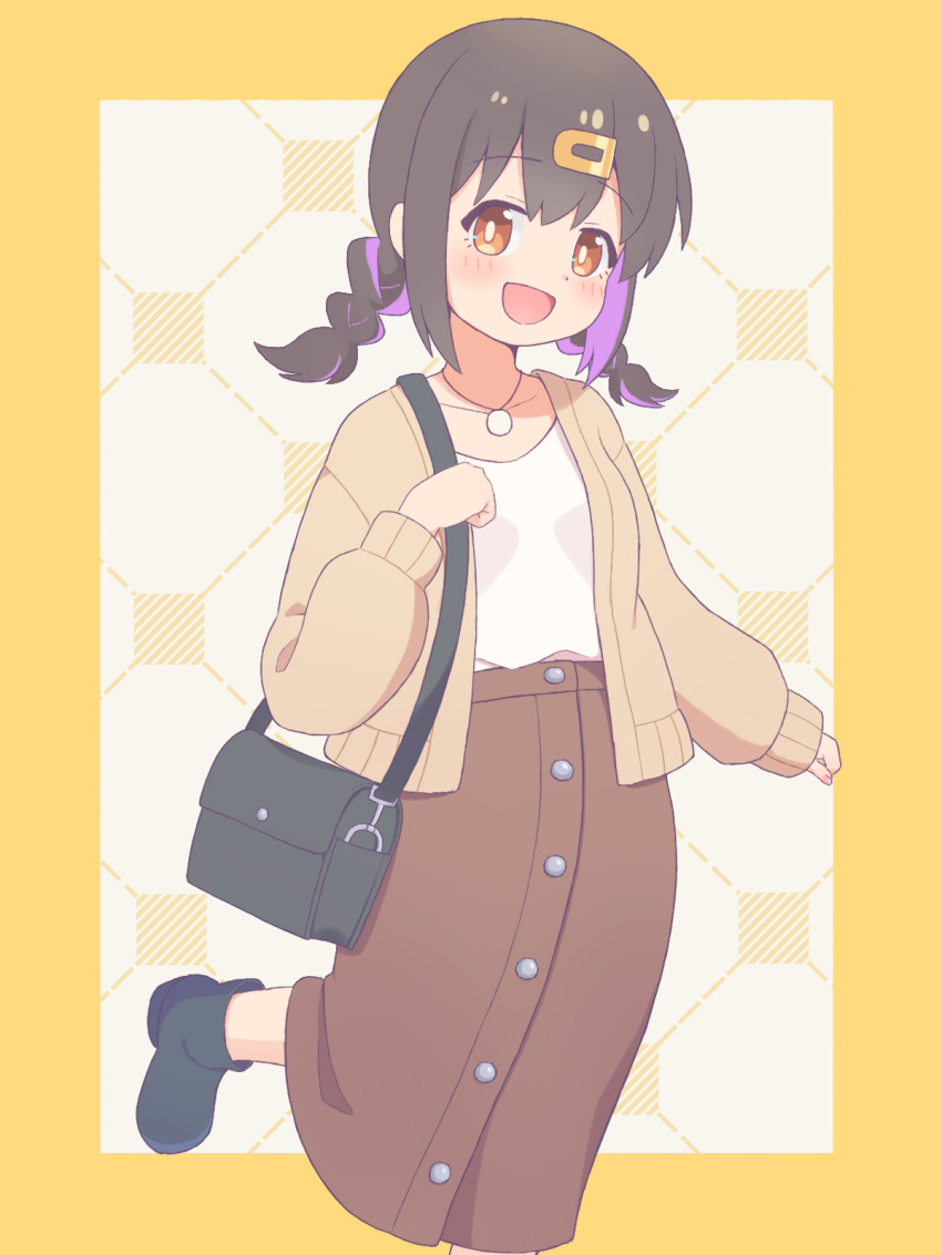 1girl :d bag black_footwear black_hair boots border braid brown_eyes commentary_request dark_skin foot_out_of_frame hair_ornament hairclip highres jacket jewelry k-d light_blush long_hair long_sleeves looking_at_viewer multicolored_hair onii-chan_wa_oshimai! open_clothes open_jacket open_mouth oyama_mihari pendant purple_hair shirt shoulder_bag simple_background smile solo twin_braids two-tone_hair white_shirt yellow_border