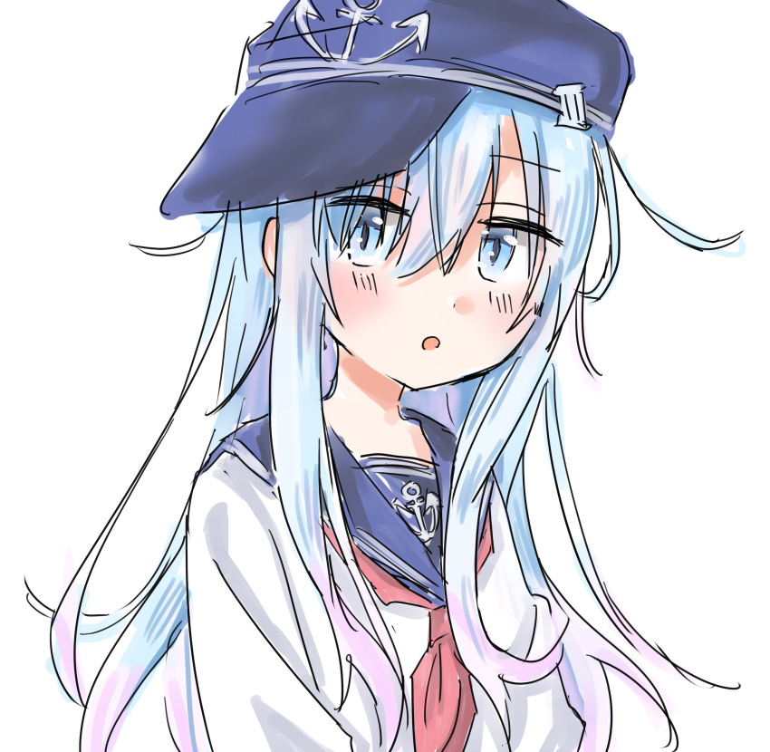 1girl absurdres anchor_symbol black_hat black_sailor_collar blue_eyes blue_hair flat_cap hat hibiki_(kancolle) highres huwahuwahibiki kantai_collection light_blue_hair long_sleeves looking_at_viewer neckerchief red_neckerchief sailor_collar school_uniform serafuku simple_background solo upper_body white_background