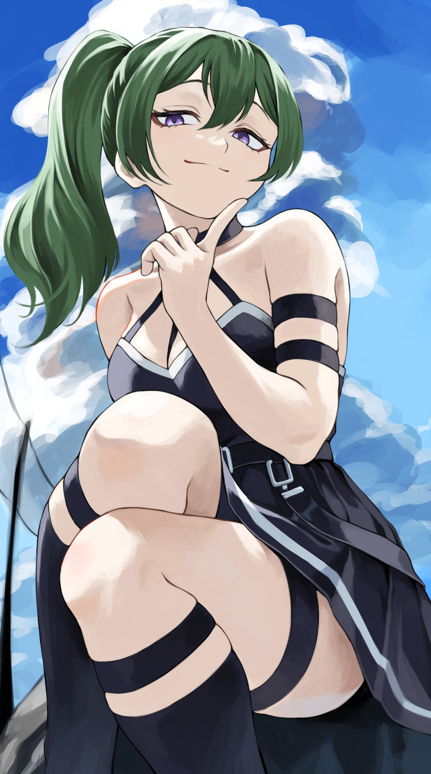 1girl absurdres arm_strap bare_shoulders black_dress blue_sky cloud commentary day dress feet_out_of_frame fengling_(furin-jp) green_hair halter_dress halterneck hand_up highres index_finger_raised long_hair looking_at_viewer purple_eyes short_dress side_ponytail sitting sky smile solo sousou_no_frieren thigh_strap thighs ubel_(sousou_no_frieren)