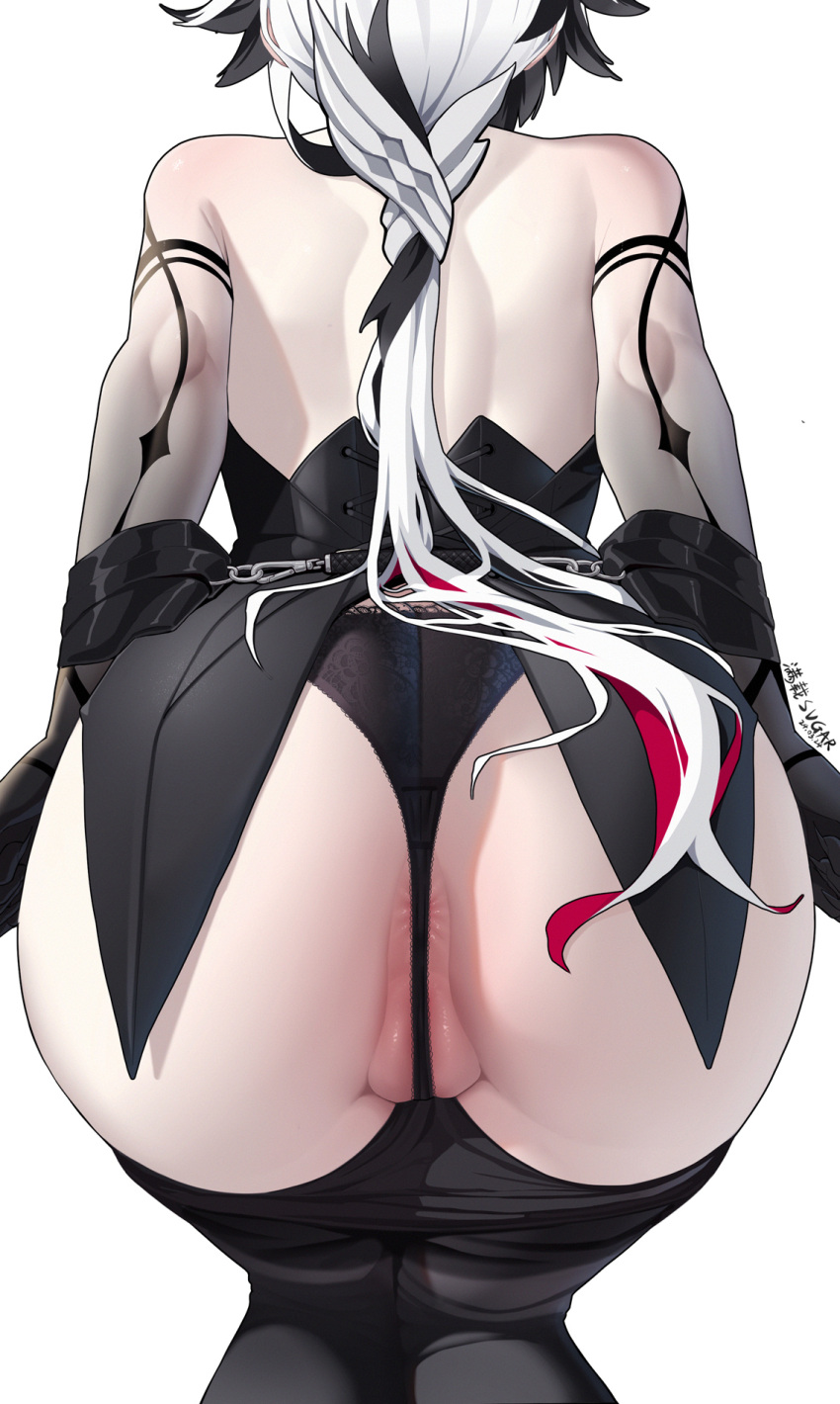 1girl adapted_costume anus anus_peek arlecchino_(genshin_impact) ass ass_focus backless_outfit black_hair black_hands black_panties black_skin clawed_hands colored_extremities colored_skin commentary_request from_behind genshin_impact gradient_skin highres huge_ass low_ponytail manzai_sugar multicolored_hair official_alternate_costume panties pants partially_visible_vulva red_hair solo streaked_hair thighs thong underwear white_hair