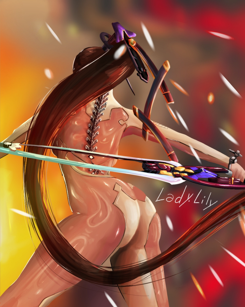 artist_name ass bending black_hair digital eve_(stellar_blade) facing_away fighting highres holding holding_sword holding_weapon lady.lily long_hair skin_tight sparks spine stellar_blade sword thighs video_game weapon