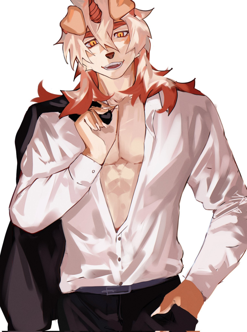 1boy abs arknights axianorange black_suit claws colored_tips corrupted_twitter_file fangs furry furry_male hand_in_pocket highres horns hung_(arknights) komainu_boy komainu_ears looking_at_viewer male_focus multicolored_hair open_clothes open_mouth open_shirt orange_eyes pectoral_cleavage pectorals shirt single_horn smile suit toned toned_male white_background white_shirt