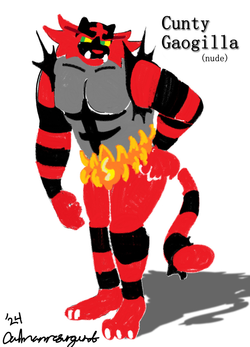 absurd_res anthro arm_tuft barefoot bent_leg black_body black_fur bright_colors caimanresurgunt claws collarbone english_text eyebrows feet fire fur generation_7_pokemon green_eyes hand_on_butt hand_on_leg head_tilt hi_res incineroar male muscular muscular_male nintendo pokemon pokemon_(species) profanity red_body red_fur red_nose shoulder_tuft smile smirk solo tail teeth text tuft white_claws yellow_sclera