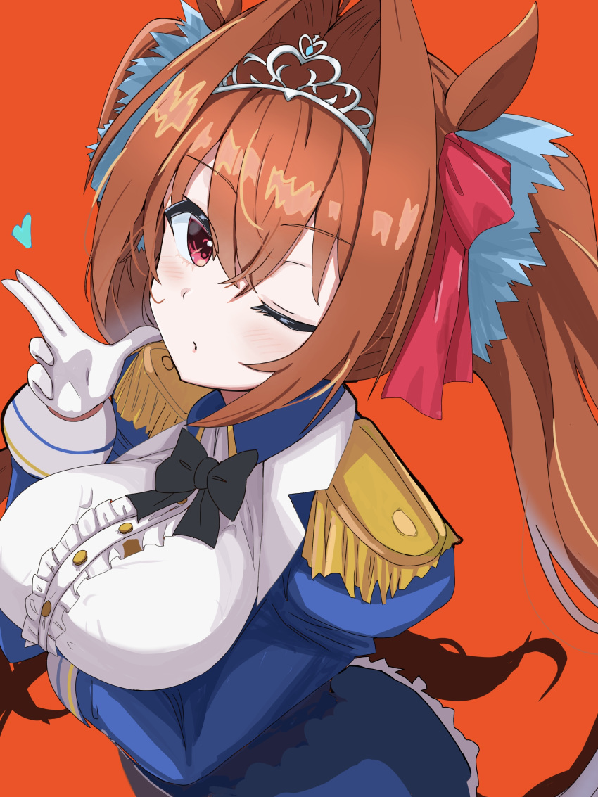 1girl absurdres animal_ears arm_under_breasts blowing_kiss breasts brown_hair commentary_request daiwa_scarlet_(umamusume) epaulettes gloves hair_intakes hair_ornament heart highres horse_ears horse_girl horse_tail large_breasts looking_at_viewer one_eye_closed orange_background portrait red_background red_eyes simple_background solo tail theon_(te2eo) tiara twintails umamusume uniform white_gloves