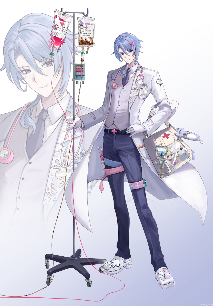 1boy absurdres aether_(genshin_impact) arataki_itto bag bag_charm bandaid belt black_belt blood blood_bag blue_hair blue_pants breast_pocket bubble_tea buttons candy carrot character_doll character_name charm_(object) cinnamoroll closed_mouth coat collared_shirt commentary_request crocs cross_hair_ornament dango egg_(food) emong food fried_egg genshin_impact gloves gradient_background grey_background hair_between_eyes hair_ornament hair_over_shoulder hand_on_own_hip heart highres id_card intravenous_drip kaedehara_kazuha kamisato_ayaka kamisato_ayato lab_coat lapel_pin lapels lollipop long_sleeves looking_at_viewer male_focus medium_hair mole mole_under_mouth name_tag necktie open_clothes open_coat pants parted_bangs pen pill pocket purple_eyes purple_necktie sanrio sanshoku_dango shirt shirt_tucked_in shoulder_bag shrimp shrimp_tempura sidelocks simple_background smile solo sparkle standing stethoscope sticker sticker_on_face swept_bangs syringe tassel tempura thigh_strap thoma_(genshin_impact) vial vision_(genshin_impact) wagashi white_background white_bag white_coat white_footwear white_gloves white_shirt wing_collar zoom_layer