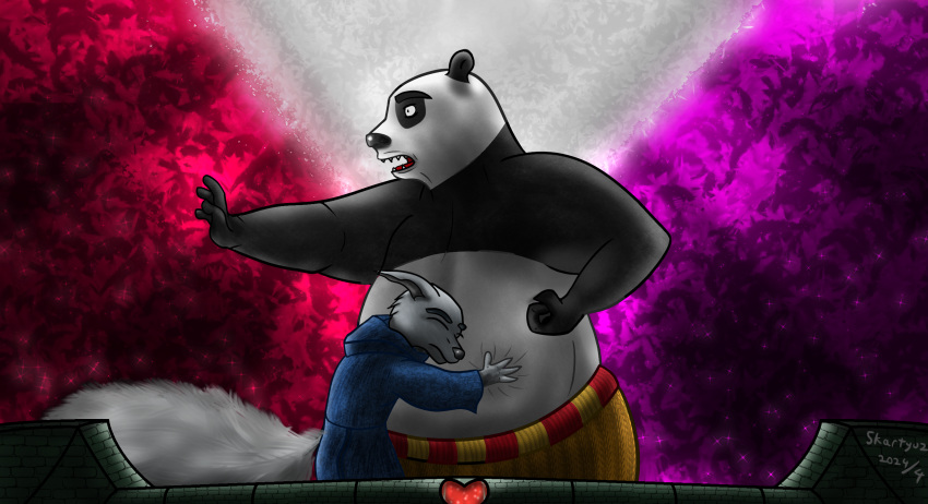 anthro bear belly big_belly big_butt big_muscles butt canid canine clothed clothing collar collar_only digital_media_(artwork) dreamworks duo female followers fox fur giant_panda hair heart_symbol hi_res hug huge_muscles hyper hyper_muscles kung_fu_panda love love_bite love_handles male male/female mammal master_po_ping muscular muscular_anthro muscular_male nipples nude obese obese_anthro overweight overweight_anthro overweight_male romantic romantic_couple sad simple_background skartyuz smile suprised_eyes suprised_look tail thick_thighs wallpaper zhen_(kung_fu_panda)