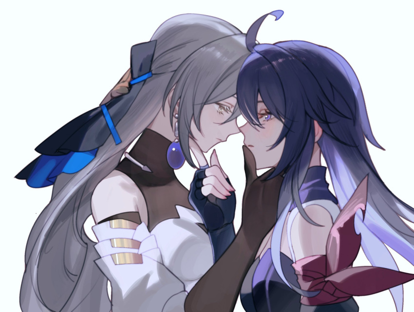 2girls black_gloves blue_background bronya_rand closed_mouth commentary detached_sleeves dress earrings elbow_gloves eye_contact finger_to_another's_mouth fingerless_gloves from_side gloves grey_eyes grey_hair hand_on_another's_chin highres honkai:_star_rail honkai_(series) jewelry long_hair looking_at_another mie_xing multiple_girls parted_lips profile purple_eyes purple_hair purple_scarf scarf seele_(honkai:_star_rail) simple_background upper_body white_dress yuri