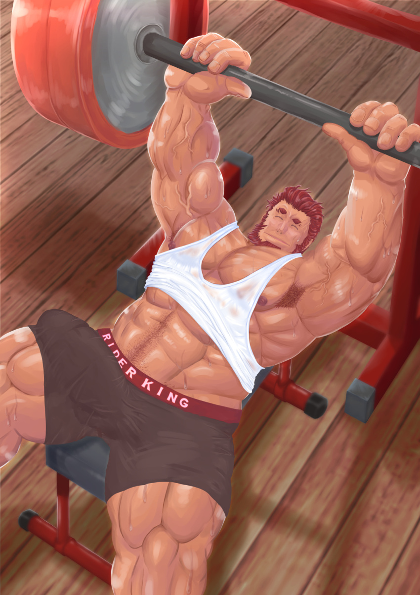1boy ^_^ armpit_hair armpits bara barbell beard bench_press black_male_underwear boxers bulge closed_eyes clothes_lift dark-skinned_male dark_skin erection erection_under_clothes exercising facial_hair fate/zero fate_(series) from_above full_beard genta_iwayama highres iskandar_(fate) large_pectorals lying male_focus male_underwear mature_male muscular muscular_male on_back pectorals red_eyes red_hair see-through shirt_lift short_hair smile solo strongman_waist sweat sweaty_clothes tank_top thick_beard thick_navel_hair thick_thighs thighs underwear veins veiny_arms very_sweaty weightlifting white_tank_top yaoi