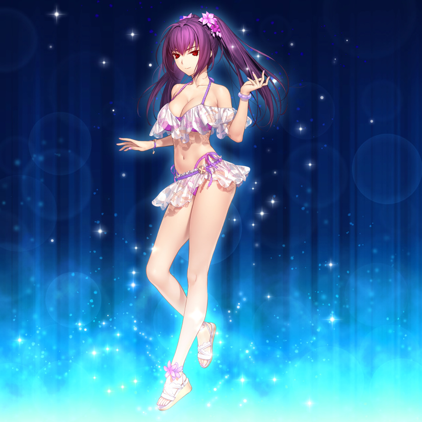 1girl bare_shoulders bikini blush breasts cleavage collarbone fate/grand_order fate_(series) flower game_cg hair_flower hair_ornament highres jewelry koyama_hirokazu large_breasts long_hair looking_at_viewer navel official_art purple_bikini purple_hair red_eyes scathach_(fate) scathach_skadi_(swimsuit_ruler)_(fate) scathach_skadi_(swimsuit_ruler)_(first_ascension)_(fate) see-through smile solo swimsuit thighs twintails