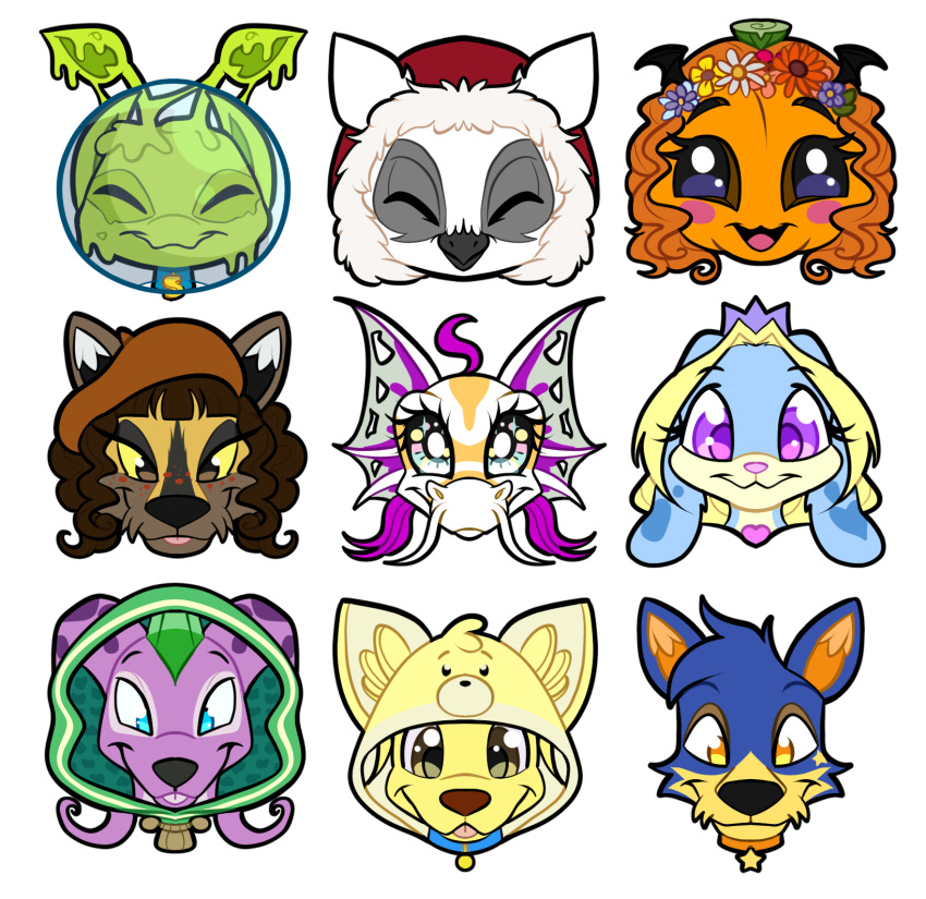 2024 aisha_(neopets) ambiguous_form ambiguous_gender ambiguous_species armor avian beak blonde_hair blue_body blue_eyes blue_fur bodily_fluids brown_hair canid canine clothing collar dragon draik_(neopets) eyelashes fan_character feathers felid female ferwanwan fin food fruit fur gelert_(neopets) goo_creature green_body hair headgear headshot_portrait helmet hi_res hood_up kigurumi lupe_(neopets) mammal maraquan_neopet marine markings multiple_images mythological_creature mythological_scalie mythology neopet_(species) neopets onesie orange_hair plant portrait pumpkin purple_body purple_eyes purple_skin scales scalie simple_background slime snot snot_neopet solo spotted_neopet star starry_neopet tongue tongue_out vandagyre white_background white_body white_feathers white_scales yellow_body yellow_eyes yellow_fur zafara_(neopets)