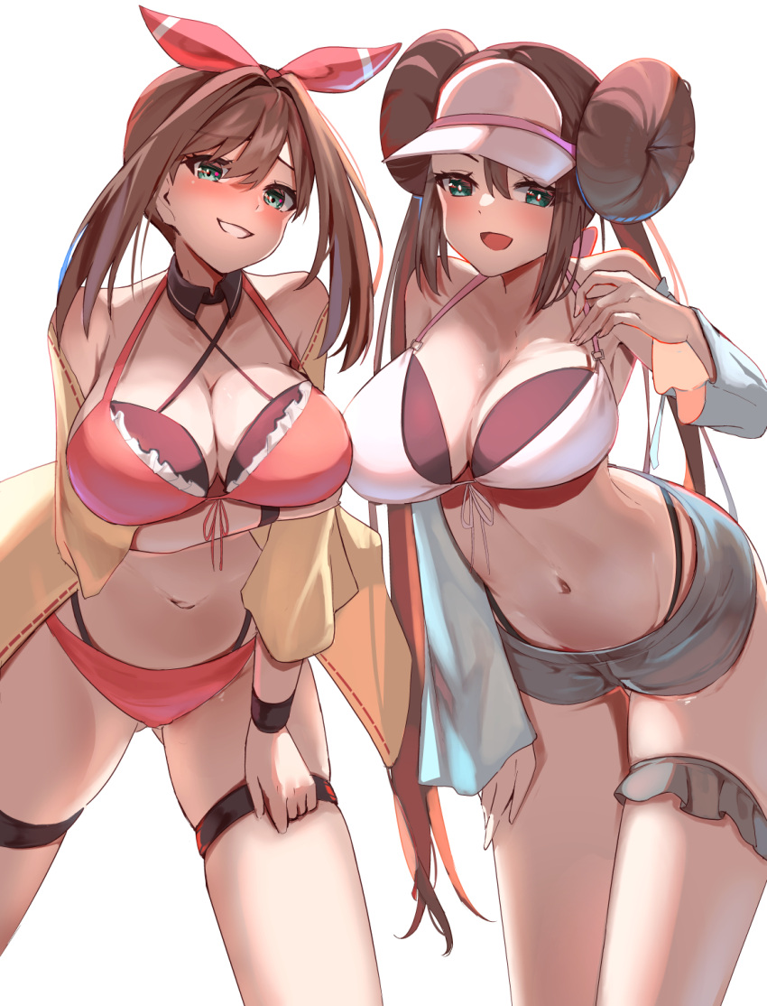 2girls :d bandana bikini blue_eyes blush breasts brown_hair cowboy_shot green_eyes highres large_breasts leaning_forward long_hair looking_at_viewer may_(pokemon) momdy_(talesshinja) multiple_girls navel parted_lips pokemon red_bandana red_bikini rosa_(pokemon) simple_background skindentation smile swimsuit thigh_strap thighs visor_cap white_background