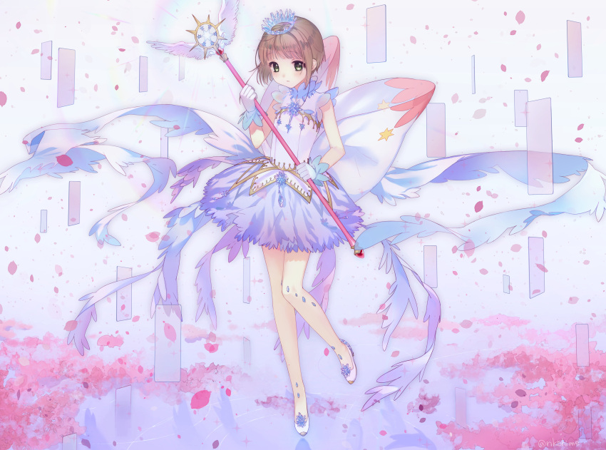 1girl absurdres bad_id bad_pixiv_id brown_hair card cardcaptor_sakura commentary_request crown dress floating floating_object flower full_body gloves gold_trim green_eyes hand_up highres holding holding_wand kinomoto_sakura magical_girl nkohime pink_flower reflective_floor short_hair solo standing standing_on_one_leg wand white_dress white_gloves