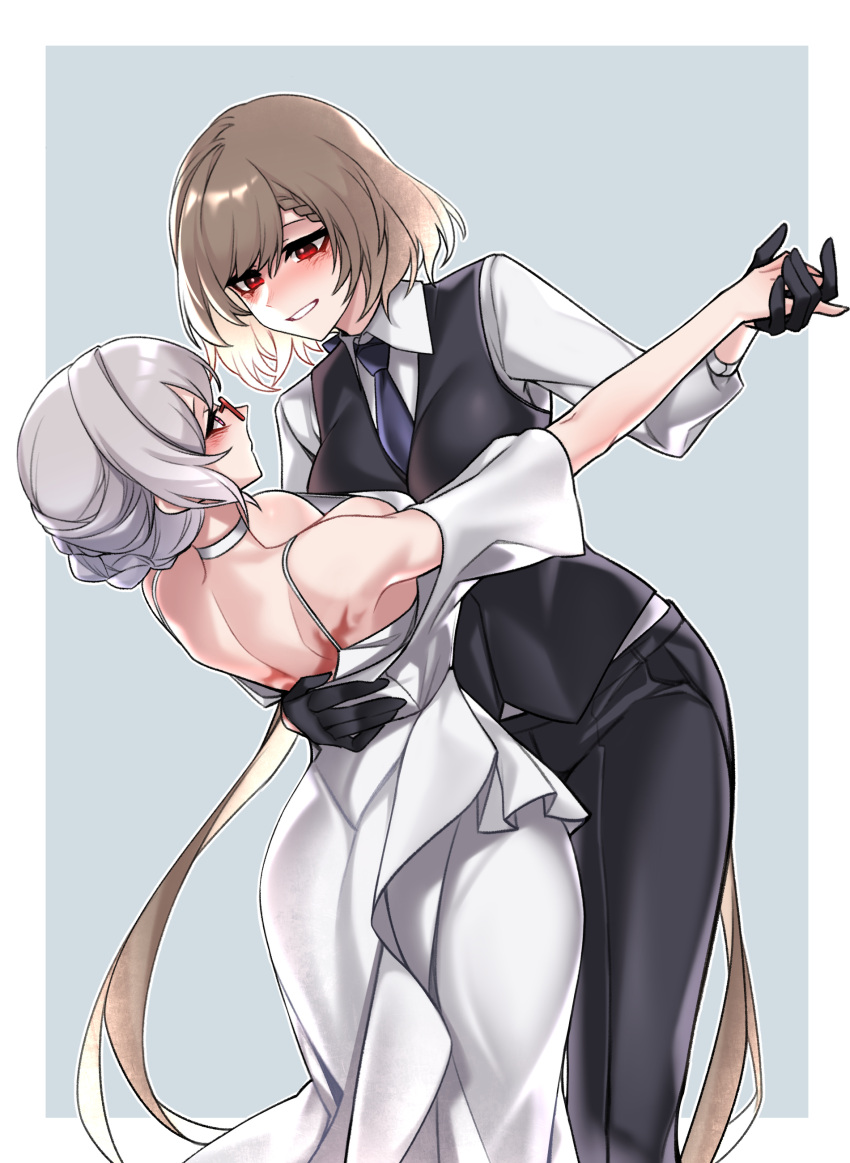 2girls absurdres black_gloves black_necktie black_pants black_vest blush braid breasts brown_hair collared_shirt commentary_request commission cowboy_shot dancing dogs_(dlrkdejr26) dress english_commentary french_braid girls'_frontline gloves grey_background highres inset_border kord_(girls'_frontline) korean_commentary long_hair looking_at_another mixed-language_commentary multiple_girls necktie original pants parted_lips red_eyes shirt short_hair simple_background smile two-tone_background vest white_dress white_hair white_shirt