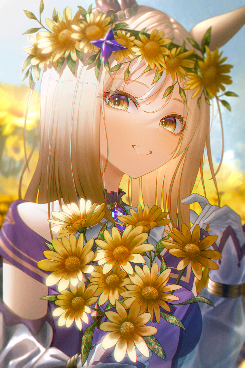 1girl animal_ears blonde_hair blue_sky blurry blurry_background bouquet bracelet brooch brown_eyes day detached_sleeves dress field flower flower_field frilled_shirt_collar frills gloves hair_between_eyes head_wreath highres holding holding_bouquet horse_ears horse_girl jewelry light_blush looking_at_viewer medium_hair narita_top_road_(umamusume) outdoors parted_bangs purple_dress rang_c sky sleeveless sleeveless_dress smile sparkle_hair_ornament sunflower sunflower_field sunlight teeth umamusume upper_body white_gloves