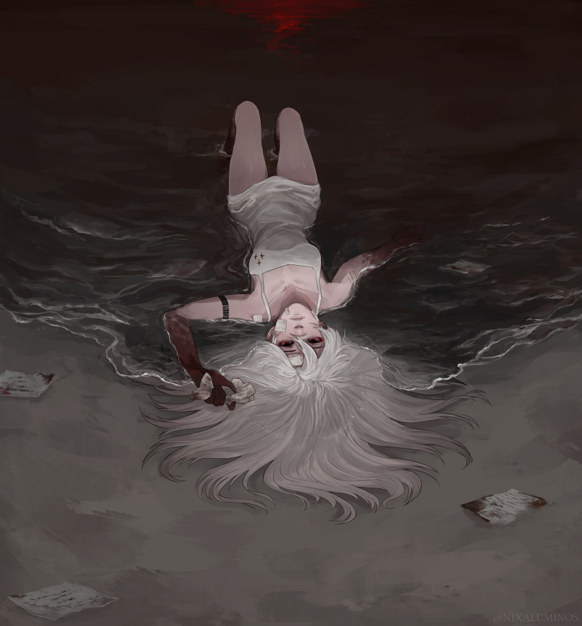 1girl ariane_yeong bandaid bandaid_on_arm bandaid_on_face beach blood blood_on_hands commentary dress english_commentary expressionless from_above hair_spread_out highres holding holding_paper knees_up long_hair looking_at_viewer lying nixaluminos ocean on_back outdoors paper partially_submerged red_eyes signalis sleeveless sleeveless_dress solo water white_dress white_hair