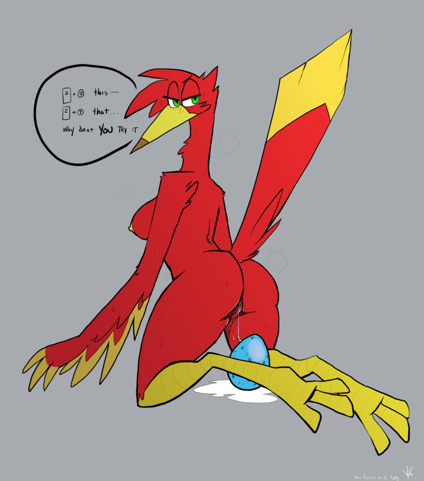 anthro avian banjo-kazooie beak bodily_fluids breasts breegull butt egg female genital_fluids genitals hi_res kazooie nipples oviposition presenting presenting_hindquarters pussy raised_tail rareware solo tail thick_thighs topazknight vaginal_fluids