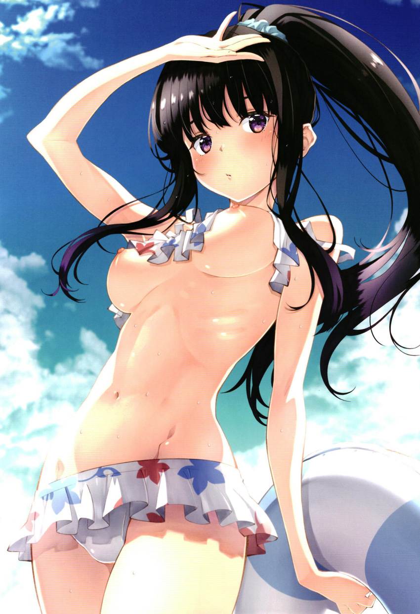 1girl bikini bikini_skirt bikini_top_lift black_hair blush breasts clothes_lift floral_bikini floral_print highres innertube inoue_takina izumi_mahiru large_breasts long_hair looking_at_viewer lycoris_recoil navel nipples non-web_source open_mouth outdoors ponytail purple_eyes sky solo swim_ring swimsuit