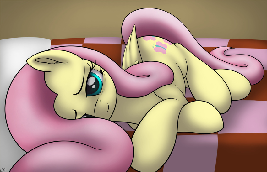 2016 bed blue_eyes conscious-aberration cutie_mark equine feathered_wings feathers female feral fluttershy_(mlp) friendship_is_magic fur hair looking_at_viewer lying mammal my_little_pony on_bed on_side pegasus pillow pink_hair smile solo wings yellow_feathers yellow_fur