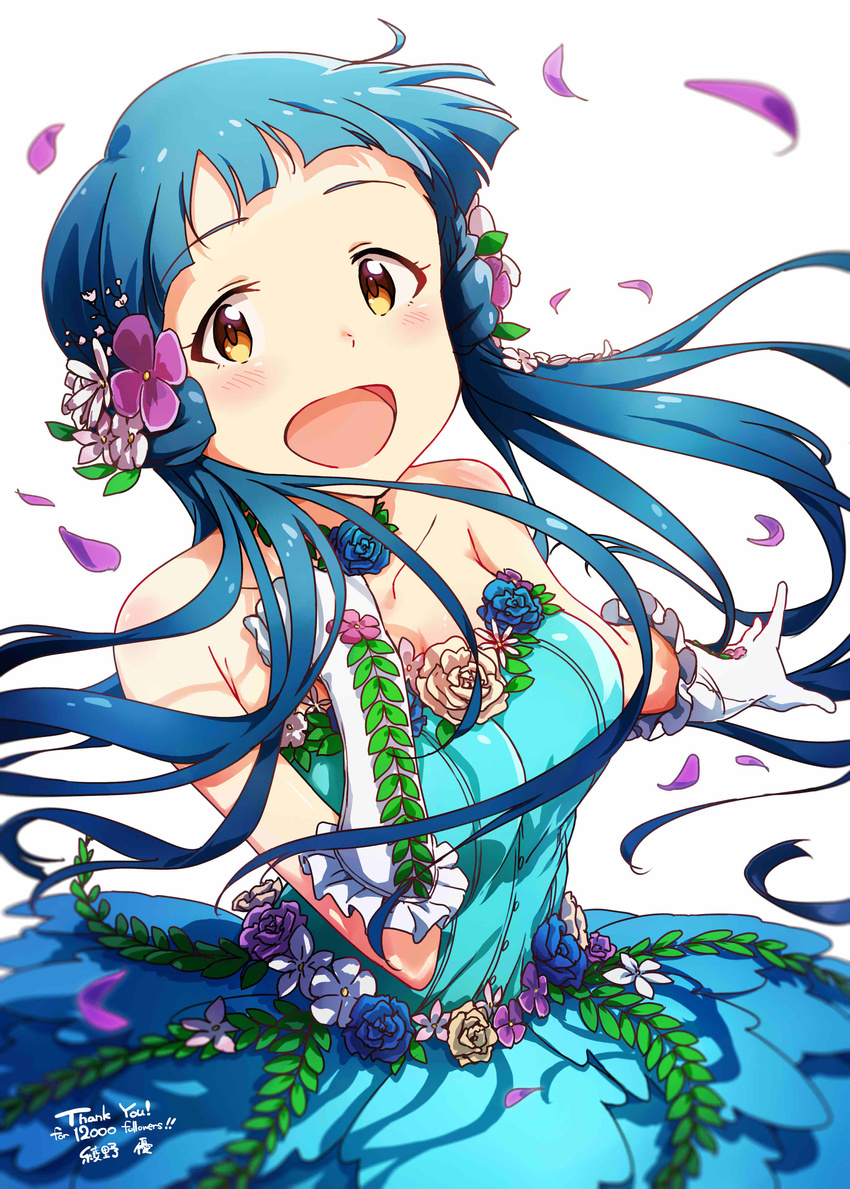 absurdres ayano_yuu_(sonma_1426) bare_shoulders blue_hair brown_eyes flower gloves hair_flower hair_ornament highres idolmaster idolmaster_million_live! kitakami_reika long_hair looking_at_viewer open_mouth petals simple_background smile solo twintails white_background