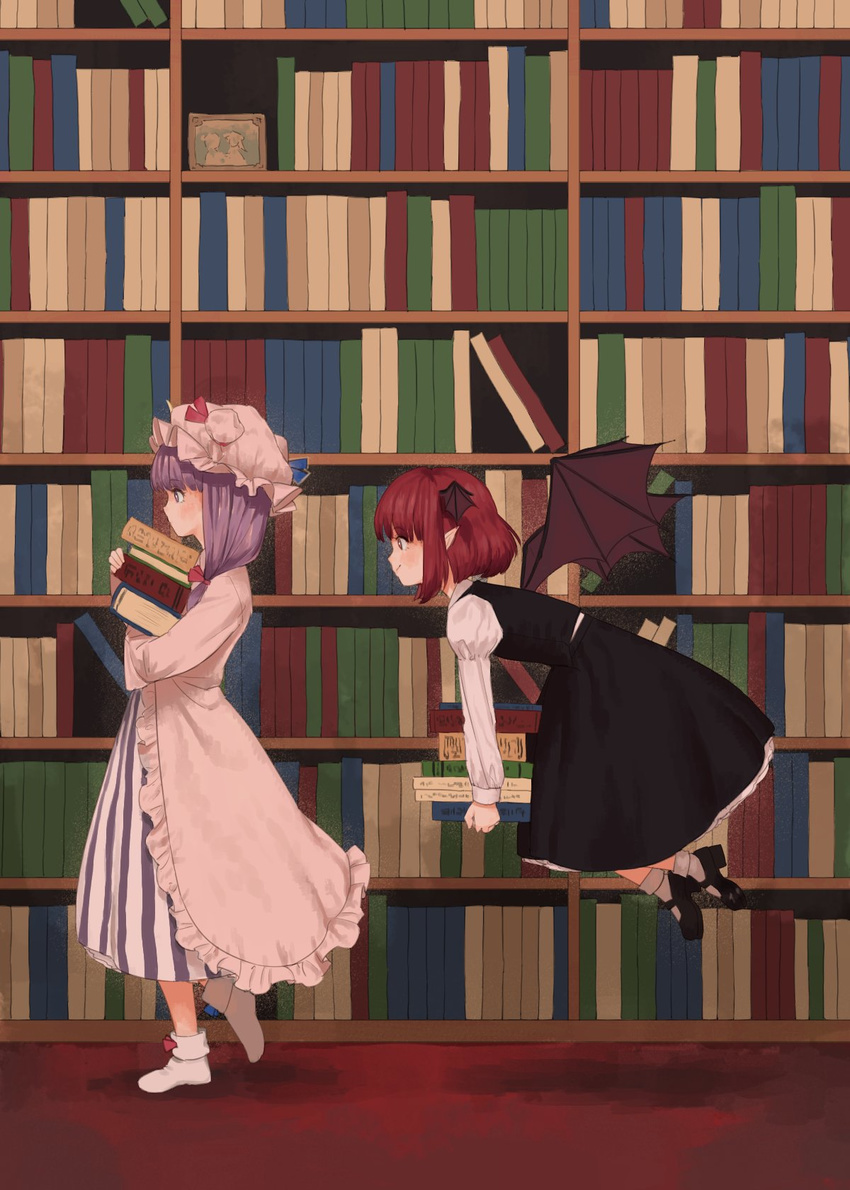 alternate_hair_length alternate_hairstyle bangs black_footwear black_skirt blue_ribbon blunt_bangs book bow crescent crescent_hair_ornament daifukumochi_(qquuiieett) demon_wings dress flying from_side hair_bow hair_ornament hat hat_ribbon head_wings highres holding holding_book indoors koakuma library long_hair long_sleeves low_wings mary_janes mob_cap multiple_girls patchouli_knowledge pointy_ears profile purple_eyes purple_hair red_bow red_eyes red_hair red_ribbon ribbon shoes short_hair sidelocks skirt skirt_set smile socks striped striped_dress touhou vest white_legwear wings