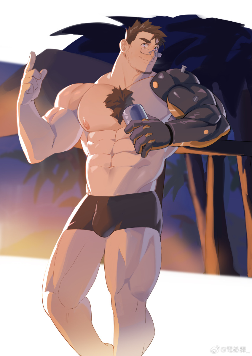 1boy abs absurdres bara black_male_underwear boxers brown_hair bulge chest_tuft feet_out_of_frame glasses highres index_finger_raised large_pectorals looking_at_viewer male_focus male_underwear muscular muscular_male navel nipples original pectorals prosthesis prosthetic_arm qwer77kai short_hair smile solo sparse_stubble standing stomach thick_eyebrows thick_thighs thighs topless_male underwear