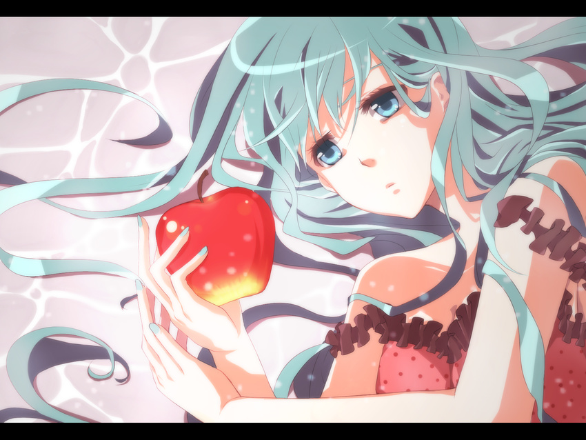 apple aqua_hair blue_eyes camisole food fruit hatsune_miku highres holding holding_food holding_fruit long_hair lying mukkun on_side romeo_to_cinderella_(vocaloid) solo vocaloid