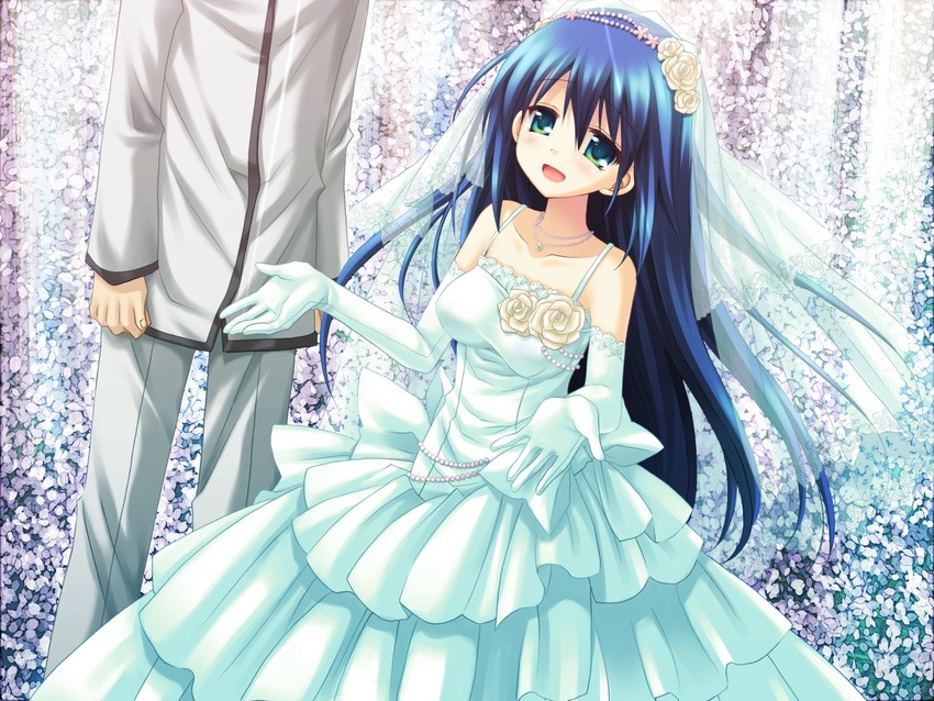 amafuki_setsuka blue_hair bride dress elbow_gloves flower gloves hair_flower hair_ornament hanafubuki happy headdress highres long_hair sakurazawa_izumi solo very_long_hair wedding_dress