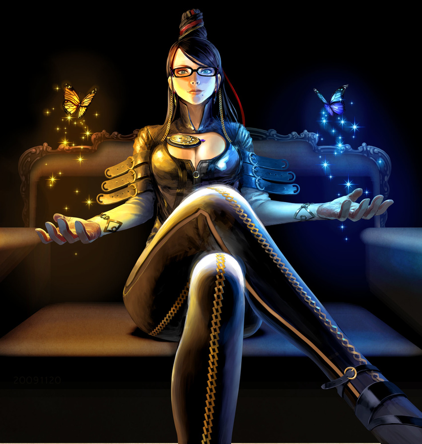amulet bayonetta bayonetta_(character) black_hair blue_eyes bodysuit breasts bug butterfly cleavage cleavage_cutout couch crossed_legs earrings elbow_gloves glasses gloves hair_bun hair_ribbon high_heels highres insect jewelry kiharatotsunori large_breasts lips long_hair mole mole_under_mouth ribbon shoes sitting smile solo