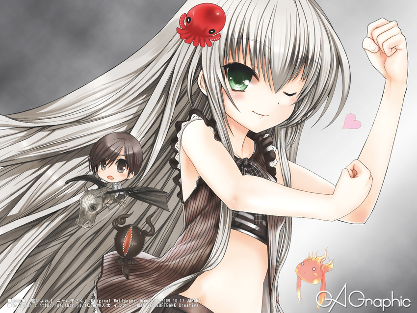 flex flexing green_eyes grey_hair hair_ornament haiyore!_nyaruko-san heart koin long_hair midriff nyarlathotep nyarlathotep_(nyaruko-san) nyaruko pose smile wallpaper wink yasaka_mahiro