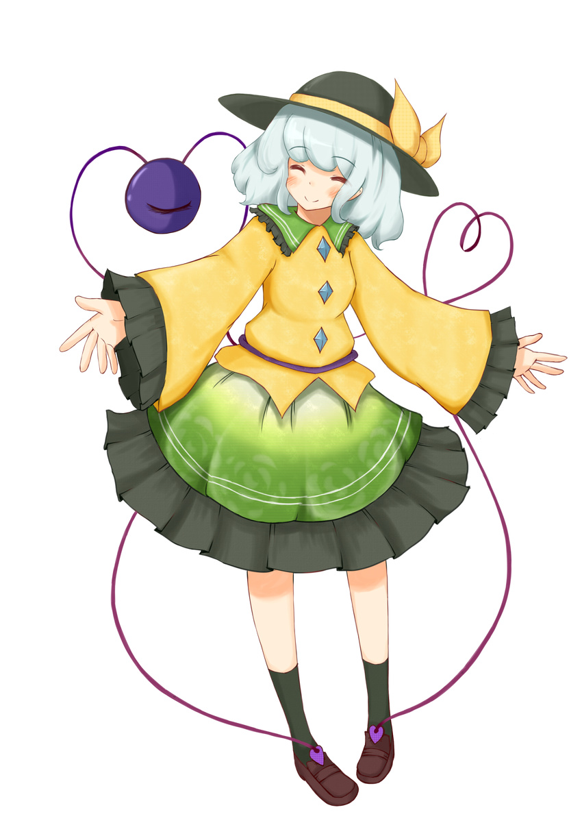 absurdres blush closed_eyes eyes full_body green_hair hands happy hat heart heart_of_string highres komeiji_koishi outstretched_arms outstretched_hand ribbon shiro_tsugumi short_hair smile solo spread_arms standing touhou transparent_background