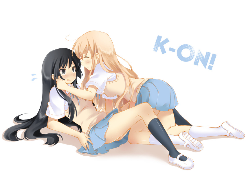 akiyama_mio all_fours arm_support bad_id bad_pixiv_id black_eyes black_hair black_legwear blonde_hair blue_eyes blush cheek_pinching copyright_name eyebrows_visible_through_hair flying_sweatdrops highres k-on! kneehighs kotobuki_tsumugi long_hair lying multiple_girls nose_blush pan_(mimi) pinching reclining school_uniform shoes simple_background sweater_vest thick_eyebrows uwabaki white_background white_legwear yuri