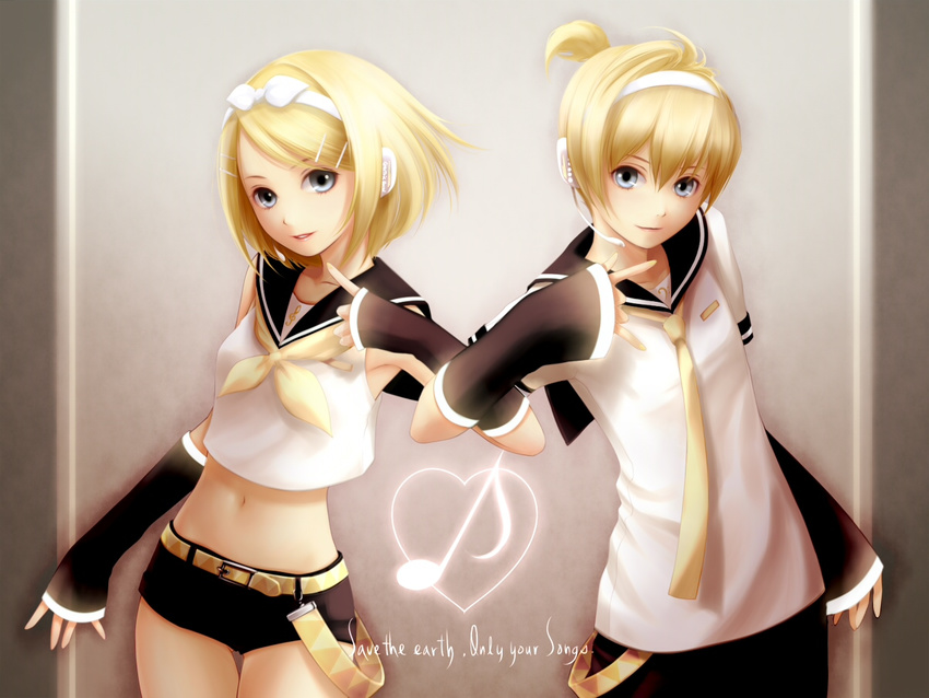 1girl belt blonde_hair blue_eyes brother_and_sister detached_sleeves headphones kagamine_len kagamine_rin microphone midriff navel necktie ponytail short_hair shorts siblings smile twins vocaloid yellow_neckwear yori_(shitsuon)