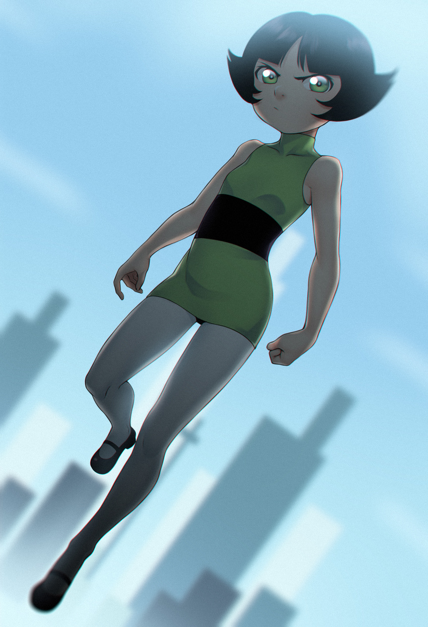 1girl black_hair buttercup dress green_eyes pantyhose powerpuff_girls short_hair white_pantyhose