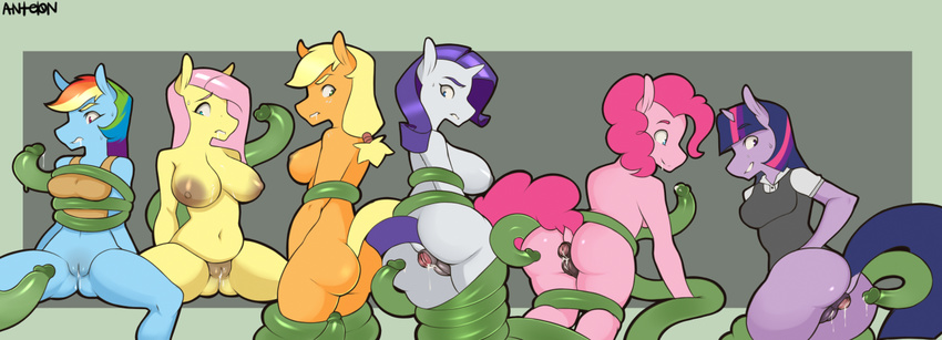 2016 antelon anthro anthrofied anus applejack_(mlp) areola big_breasts blonde_hair bottomless breasts butt clothed clothing dock earth_pony equine female fluttershy_(mlp) friendship_is_magic gaping gaping_anus group hair horn horse long_hair mammal multicolored_hair my_little_pony navel nipples nude pink_hair pinkie_pie_(mlp) pony purple_hair pussy rainbow_dash_(mlp) rainbow_hair rarity_(mlp) restrained sweat tentacles twilight_sparkle_(mlp) unicorn