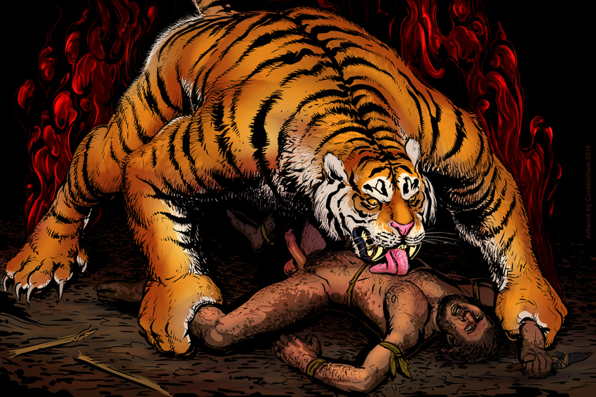 arm_grab armpits balls big_dom_small_sub body_hair bound cat cureboltium detailed_background domination duo facial_hair feline horny human leg_grab licking lust macro male male/male mammal micro nude penis pubes size_difference stripes tiger tongue tongue_out uncut