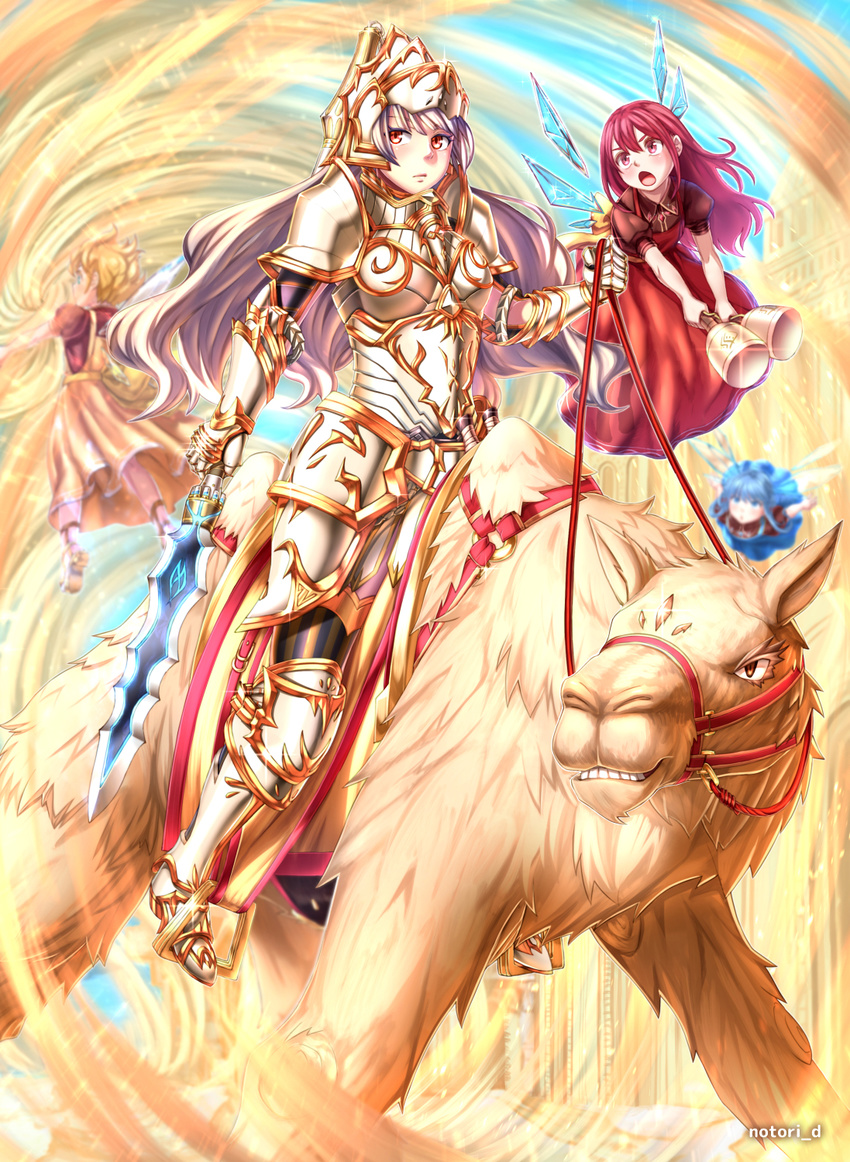 armor bad_id bad_pixiv_id camel fairy fantasy flying full_armor headpiece highres knight multiple_girls notori_d open_mouth orange_eyes original riding silver_hair sword weapon