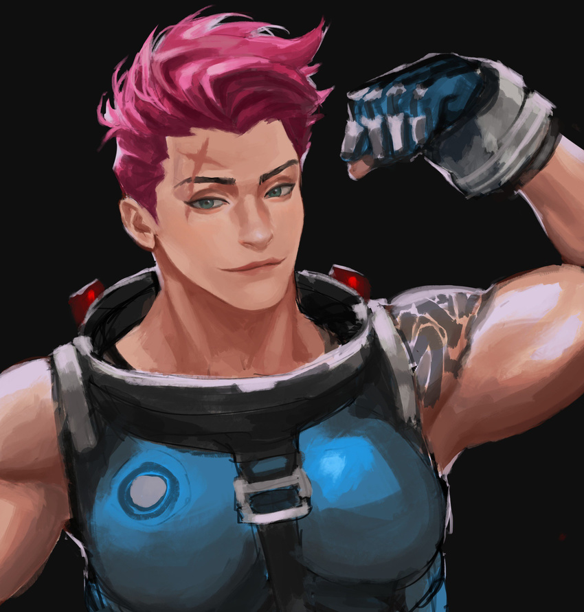 absurdres arm_tattoo bad_id bad_twitter_id biceps breasts closed_mouth fingerless_gloves flexing gloves green_eyes highres looking_at_viewer medium_breasts muscle muscular_female overwatch pink_hair pink_lips pose scar scar_across_eye short_hair sleeveless smile solo tattoo upper_body ys_(silversoul) zarya_(overwatch)