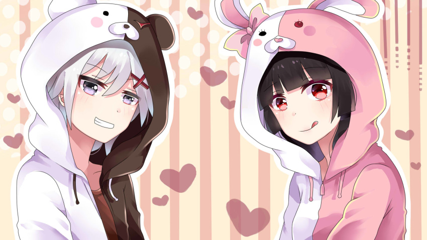 1boy 1girl animal_ears bear black_hair blue_eyes bow brown_shirt closed_mouth collarbone commentary_request danganronpa dot_eyes dot_nose eyebrows_visible_through_hair grin hair_bow hair_ornament half-closed_eyes heart highres hood hood_up hoodie jacket looking_at_viewer mako_dai_ni-dai monokuma monomi_(danganronpa) multicolored multicolored_background open_clothes open_eyes open_jacket personification pink_bow pink_eyes shirt short_hair smile striped striped_background super_danganronpa_2 teeth tongue tongue_out white_hair x_hair_ornament