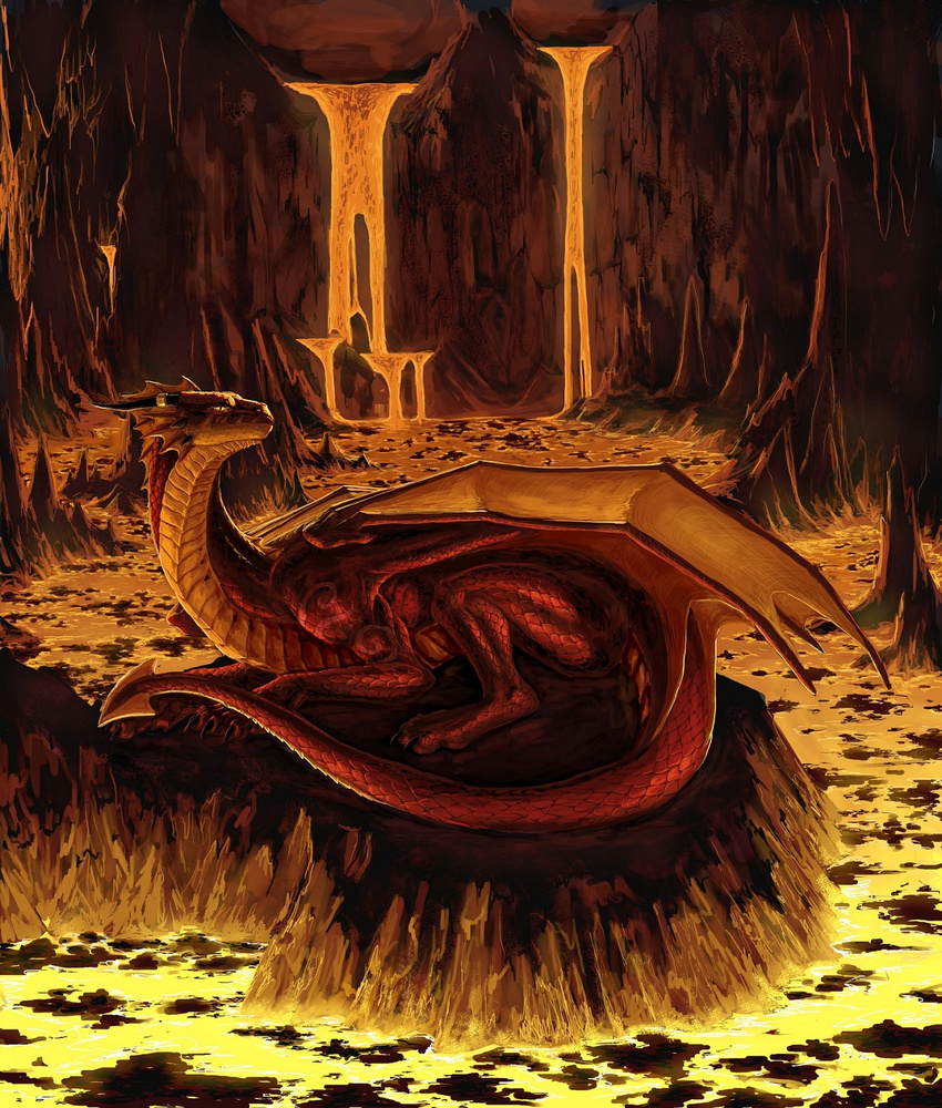 aaros_(artist) ambiguous_gender cavern claws detailed_background detailed_scales digitigrade dragon feral horn inside lava lying markings membranous_wings nude red_scales scales solo underground wings yellow_eyes