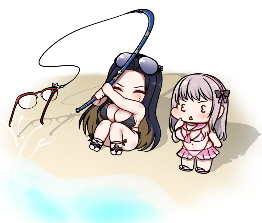 2girls 3_3 bare_shoulders beach bikini bikini_skirt black_hair black_slingshot_swimsuit blue-tinted_eyewear blush breasts chibi chibi_only cleavage closed_eyes commentary_request eyewear_on_head fishing fishing_hook fishing_rod forehead full_body gameplay_mechanics glasses goddess_of_victory:_nikke grey_hair hairband highleg highleg_bikini highres holding holding_fishing_rod hollyeung korean_commentary large_breasts long_hair maiden_(nikke) maiden_(under_the_sun)_(nikke) medium_breasts multiple_girls navel neckerchief neon_(blue_ocean)_(nikke) neon_(nikke) official_alternate_costume open_mouth over-rim_eyewear parted_bangs pink_hairband pink_neckerchief pink_sailor_collar pink_skirt sailor_collar sandals semi-rimless_eyewear shadow side-tie_swimsuit sidelocks sitting skirt slingshot_swimsuit standing stomach sunglasses sweat swimsuit tinted_eyewear triangle_mouth unworn_eyewear very_long_hair white_bikini
