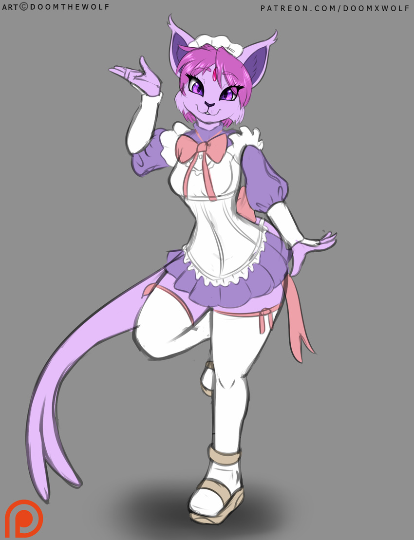 2016 abstract_background anthro clothing doomthewolf eeveelution espeon feline female forehead_gem fur hair hi_res maid_uniform mammal nintendo patreon pink_fur pok&eacute;mon purple_eyes purple_hair sereina smile solatorobo solo uniform video_games