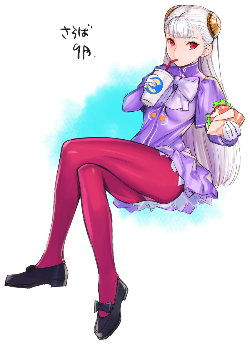 bangs black_bow black_footwear blonde_hair blunt_bangs bow bowtie breasts capcom_fighting_jam colored_eyelashes crossed_legs cup drinking drinking_straw food full_body gloves hairpods hamburger highres holding holding_cup ingrid jacket lavender_bow lavender_neckwear long_hair long_sleeves looking_at_viewer mary_janes medium_breasts panties panties_under_pantyhose pantyhose pink_legwear pink_panties purple_jacket red_eyes salad shoes sitting solo tetsu_(kimuchi) translation_request two-tone_background underwear very_long_hair white_gloves wrapper
