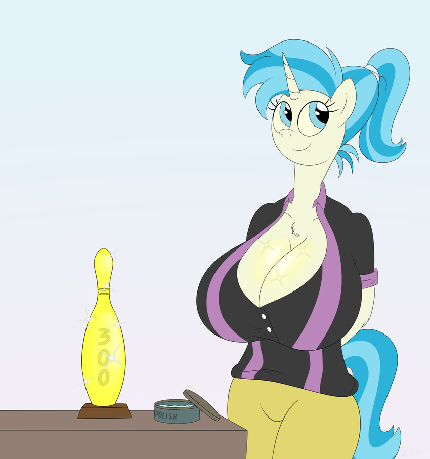 anthro big_breasts blue_eyes blue_hair bowling_pin breasts cleavage clothed clothing equine female friendship_is_magic gunpowdergreentea hair horn horse huge_breasts mammal my_little_pony pinny_lane_(mlp) polish_(disambiguation) pony shiny trophy unicorn