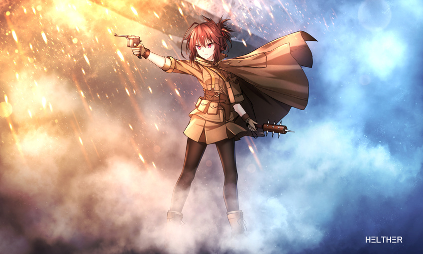 :/ ahoge ankle_boots artist_name battlefield_(series) battlefield_1 black_legwear boots brown_footwear brown_gloves brown_hair brown_skirt commentary explosive folded_ponytail gloves grenade gun handgun healther highres holding holding_gun holding_weapon huge_ahoge mauser_c96 outstretched_arm pantyhose pistol pleated_skirt skirt spikes standing tsurime uniform v-shaped_eyebrows weapon