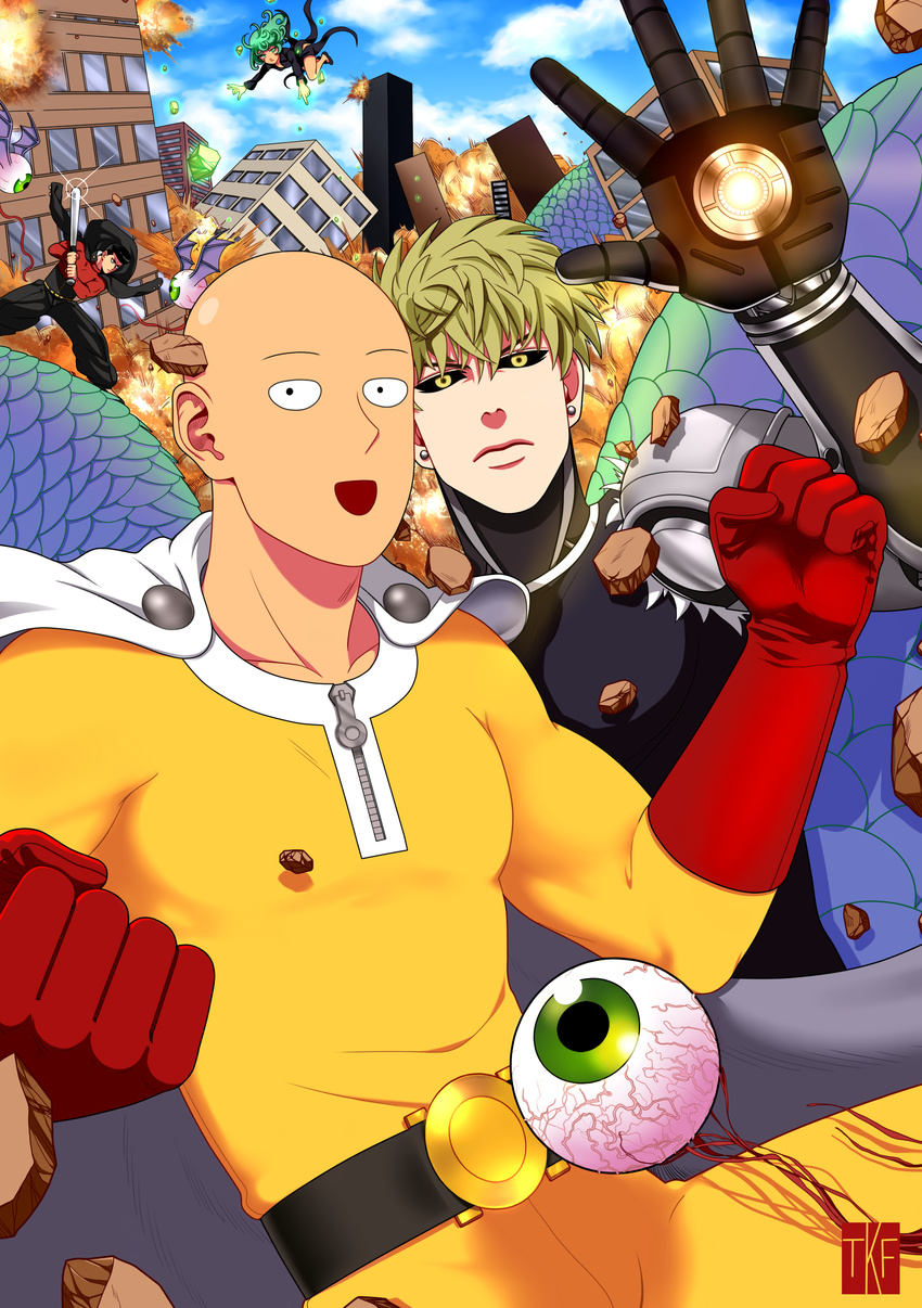 3boys absurdres bald baseball_bat black_dress black_hair black_sclera blonde_hair blue_sky building cape clenched_hands cloud cyborg day diffraction_spikes dress earrings explosion eyeball flying genos gloves green_hair highres jacket_on_shoulders jewelry kinzoku_bat multiple_boys muscle one-punch_man open_mouth pompadour red_gloves saitama_(one-punch_man) shiny sky skyscraper smile stud_earrings tariah_furlow tatsumaki telekinesis watermark yellow_eyes